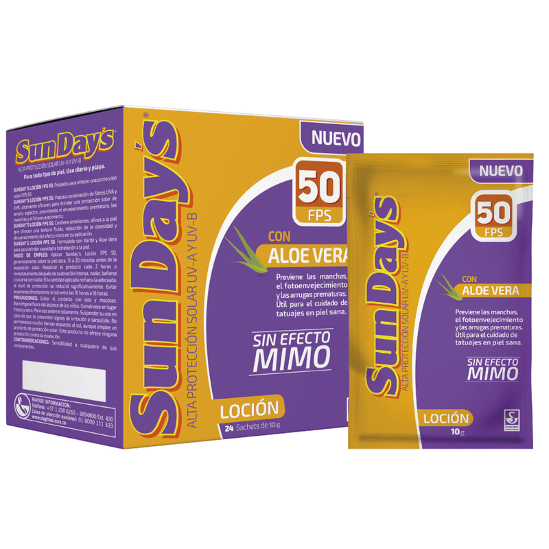 Protector Solar Sum Day¨s 50 Spf Con Aloe Vera Locion Display X 24 Sachet X 10 Ml Sin Efecto Mimo(siegried)