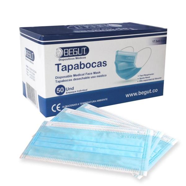 Tapabocas Desechable Azul Con Elástico Empaque Individual Caja X 50 Und